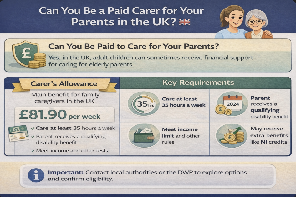 Infographic explaining how adult children in the UK may receive financial support for caring for elderly parents, including Carer’s Allowance eligibility, required care hours, and related benefits.